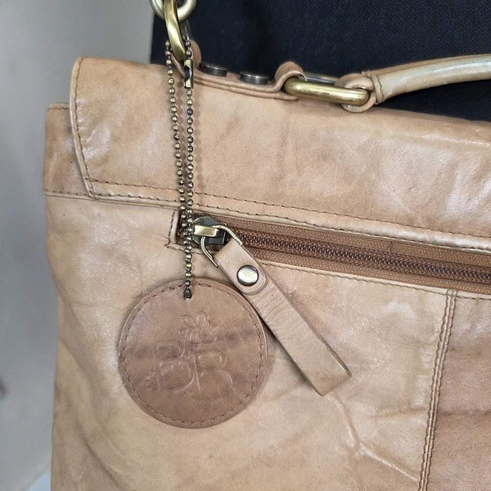 Bolla Genuine Leather Satchel Crossbody Tan Distressed VTG Style Brass Hardware